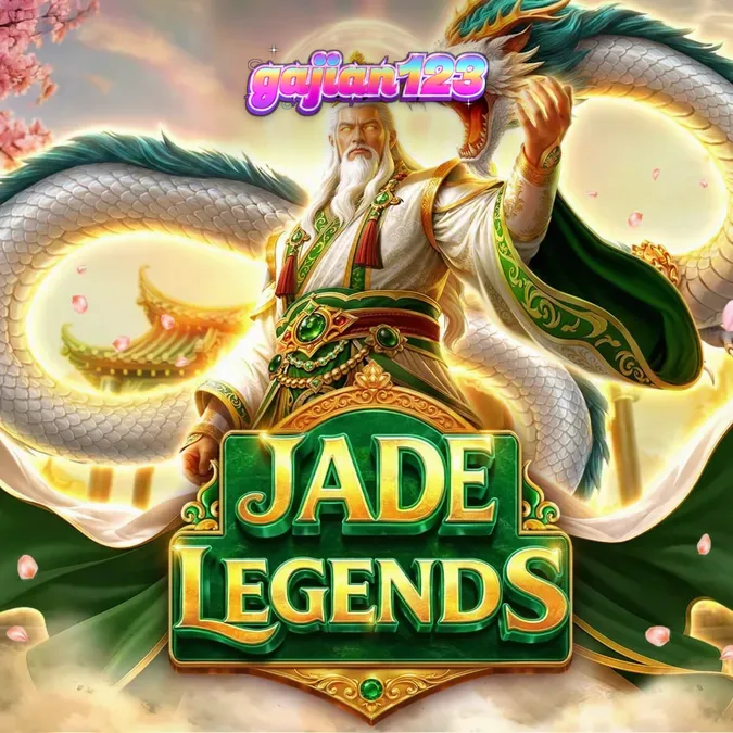 Tampilan visual slot Jade Legends dengan grid 7x7 dan latar belakang bernuansa emas.